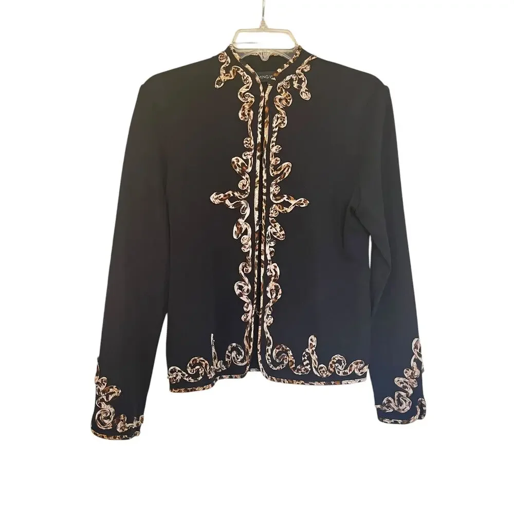 Ming Wang Black Leopard Print Embellished Cardigan Sweater Jacket Size Small